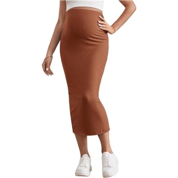 Women's Skirt Rib Knit High Waist Long Skirt Orange - Picture 1 of 6